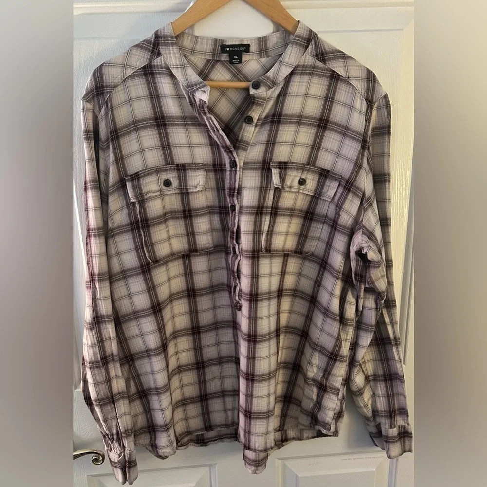 I Heart Ronson Lightweight Plaid Partial Button Down Shirt Size XL